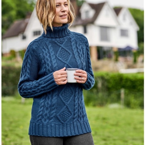 WoolOvers Pure Wool Knitted Aran Turtle Neck Sweater Blue Medium Fishermancore - Picture 4 of 12